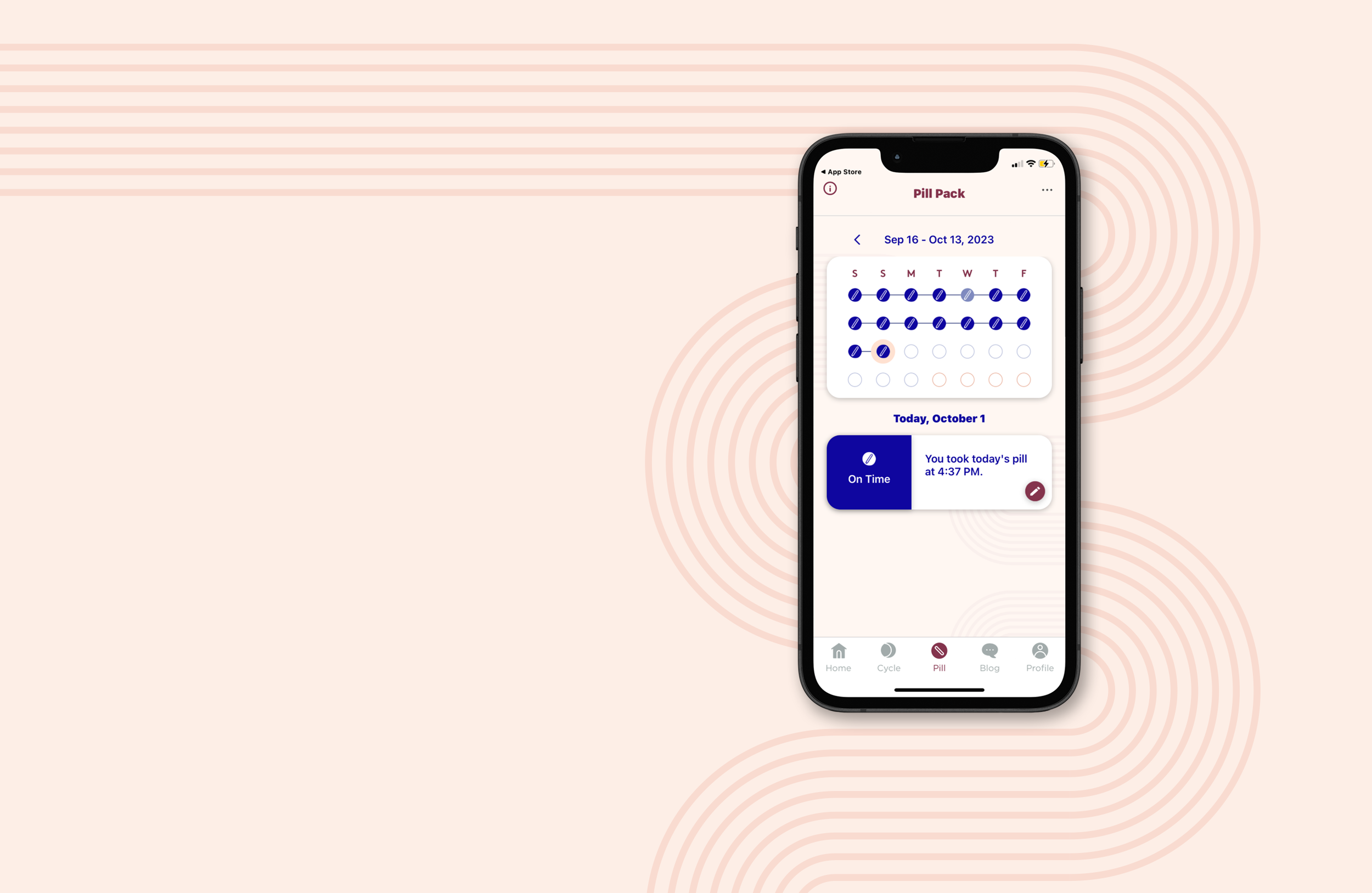 The Emme app shows you at a glance when you took your last birth control pill and when to take the next.